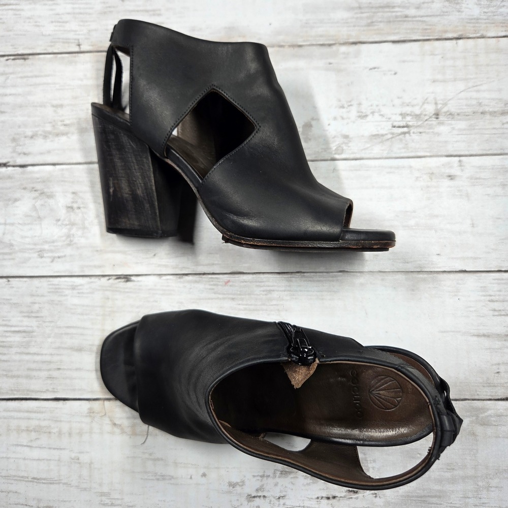 Coclico Dia Leather Peep Toe Dress Sandal Women 37 Black Block Heel Cutout Spain